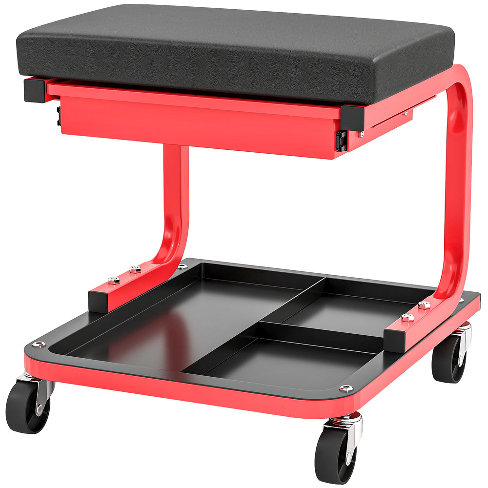 Rolling workshop stool with tool storage and drawer, black.