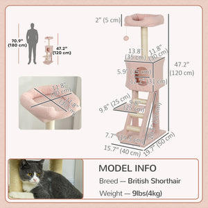 119cm high cat tree with niche, ladder, scratching posts and hanging ball, pink