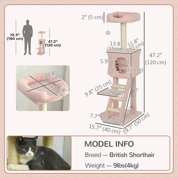 119cm high cat tree with niche, ladder, scratching posts and hanging ball, pink