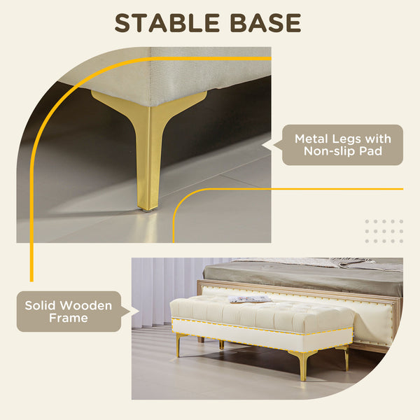 Upholstered bed bench with button tufting, beige