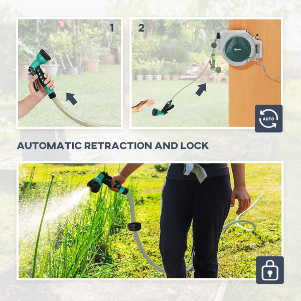 Retractable wall-mounted garden hose reel with automatic rewind