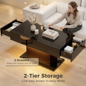 Modern coffee table with RGB LED lighting, 2 hidden drawers and high-gloss finish – Black