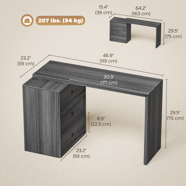 Convertible L-shaped or straight computer desk with 3 drawers and large workspace – Dark gray