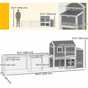 Large wooden chicken coop with run, nesting box, pull-out tray, waterproof roof, and access ramp.