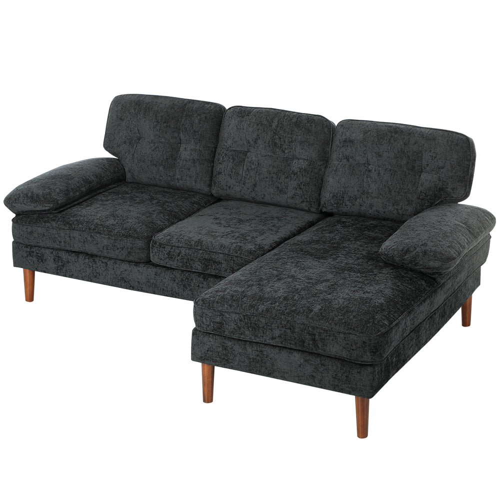 Modern corner sofa with right chaise longue, 3 seater upholstered with wooden legs, black