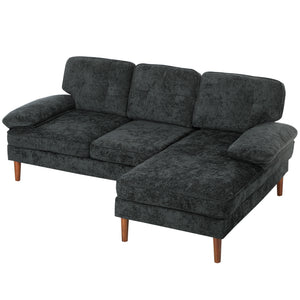Modern corner sofa with right chaise longue, 3 seater upholstered with wooden legs, black