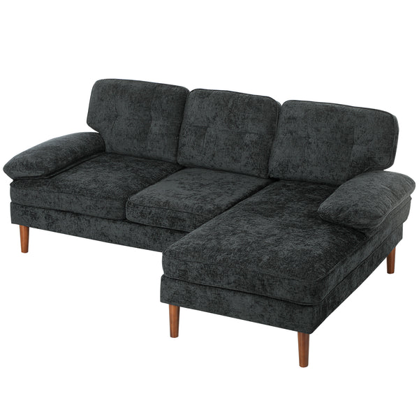 Modern corner sofa with right chaise longue, 3 seater upholstered with wooden legs, black