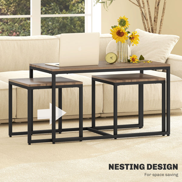 Set of 3 nesting coffee tables with metal frame, brown