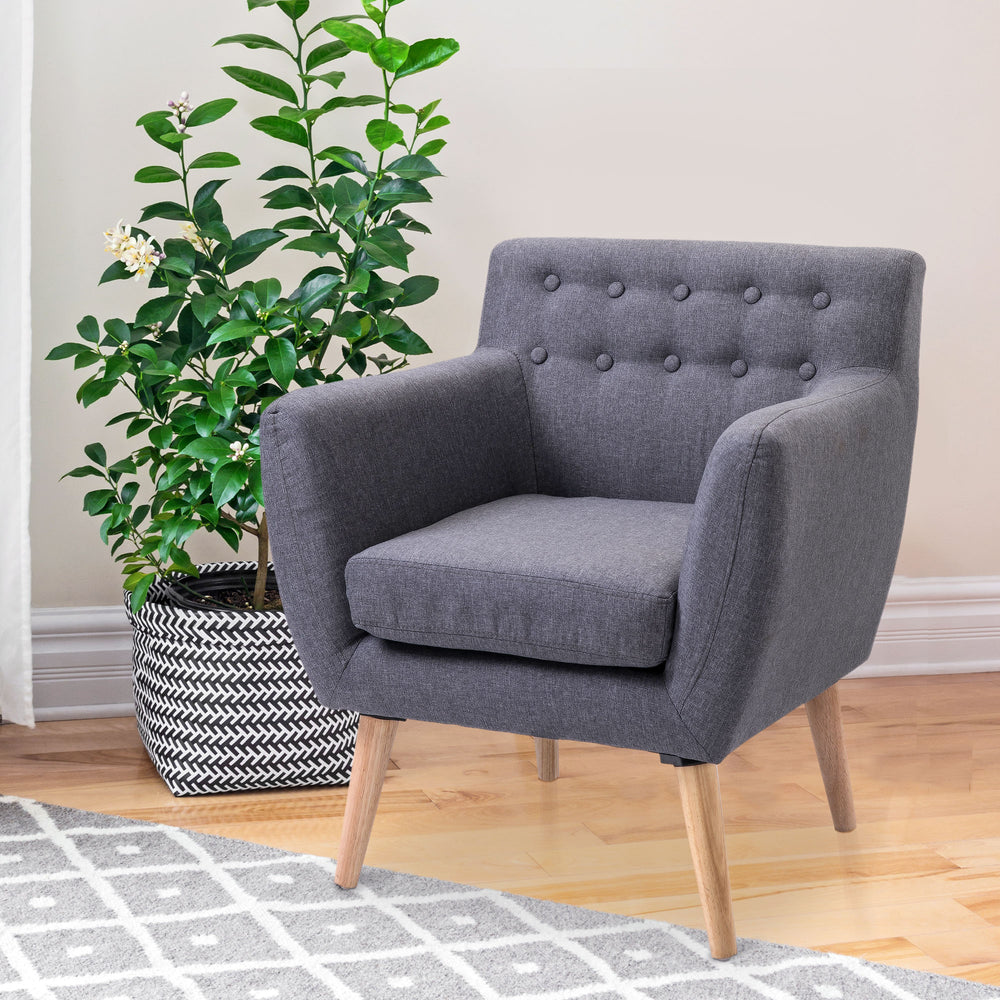 Mid-century armchair with wooden frame and thick padding, light gray