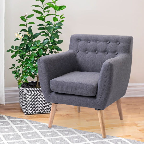 Mid-century armchair with wooden frame and thick padding, light gray