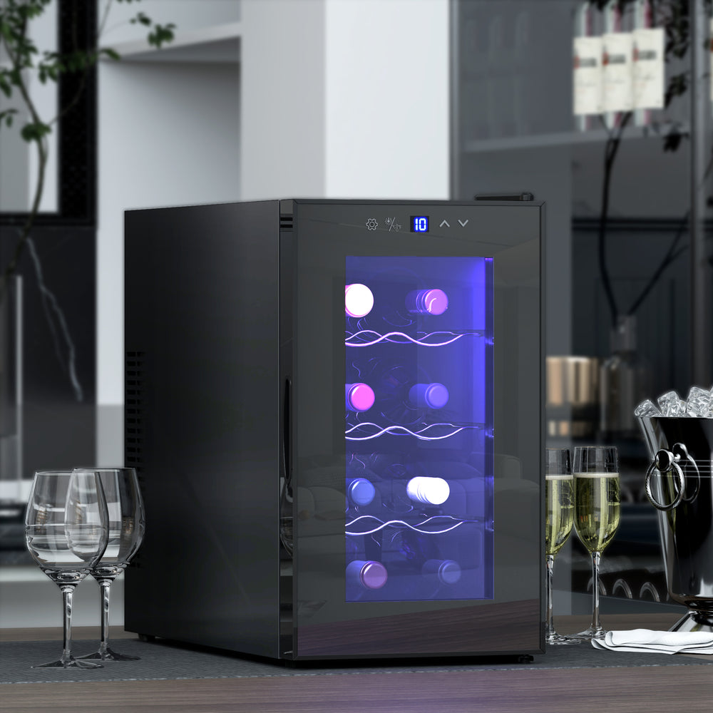 Quiet 8-bottle wine refrigerator with glass door and temperature control