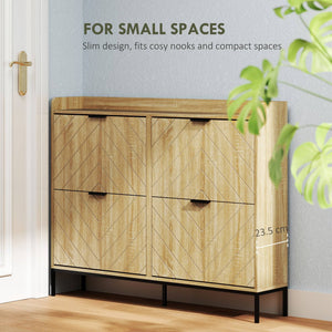 Modern and slim shoe cabinet with 4 drop-down drawers, 16 pairs of shoes, oak