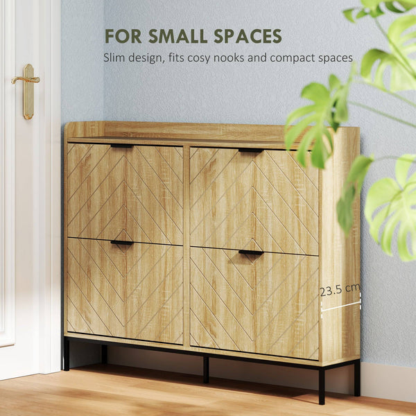 Modern and slim shoe cabinet with 4 drop-down drawers, 16 pairs of shoes, oak