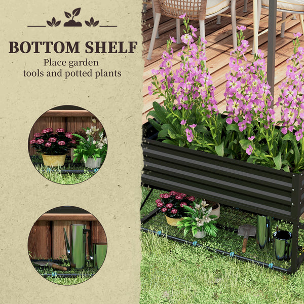 Galvanized raised planter with liner and storage shelf