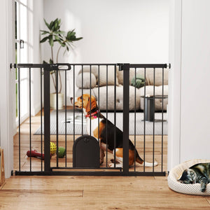 Extra Wide Pet Gate for 30-52" Pets with Small Door, Pressure Mount for Stairs, Black