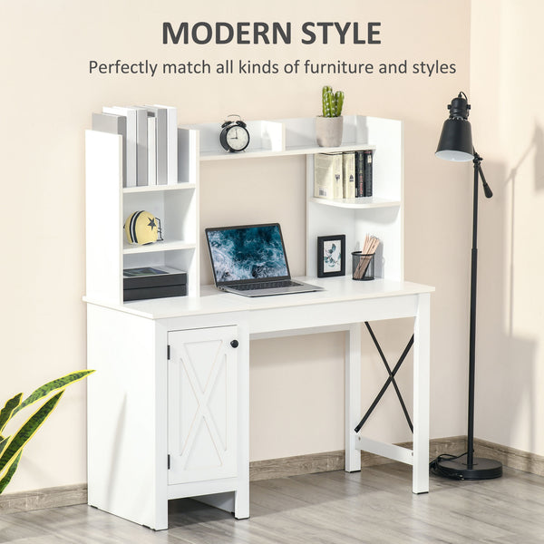 Farmhouse style computer desk with open shelves, white