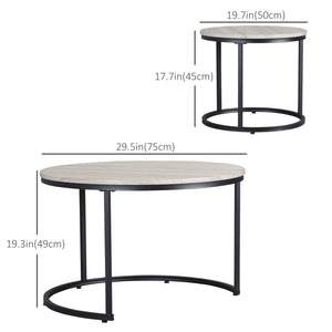 Set of 2 round coffee tables with metal frame, gray wood grain