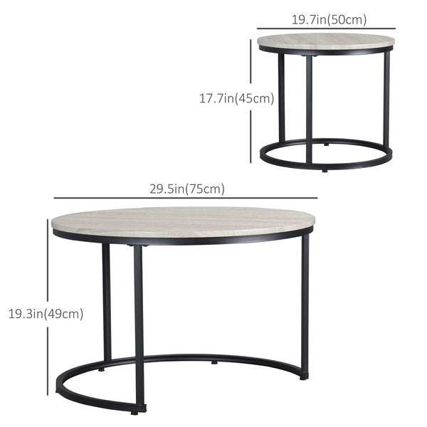 Set of 2 round coffee tables with metal frame, gray wood grain