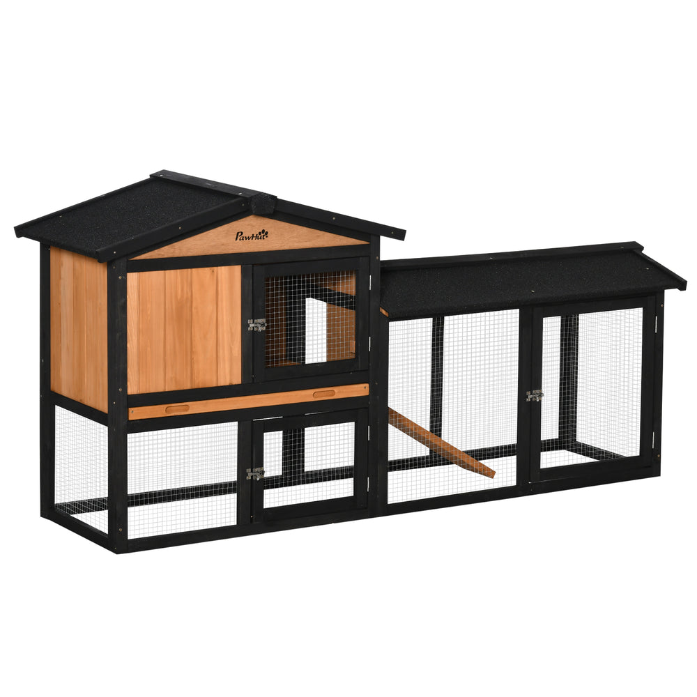 Wooden hutch with run, a playpen, a pull-out tray and a ramp
