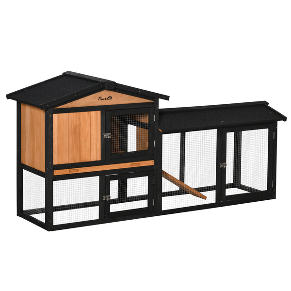 Wooden hutch with run, a playpen, a pull-out tray and a ramp