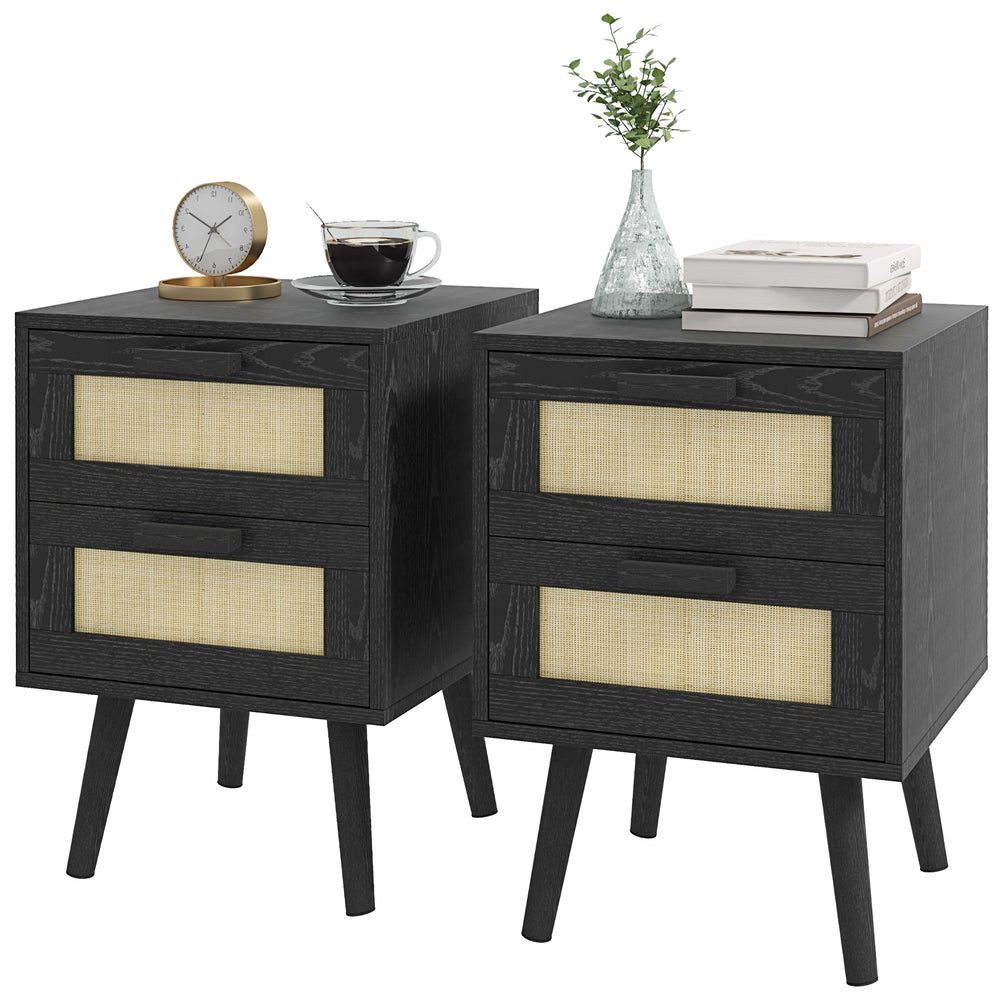 Set of 2 bohemian bedside tables with 2 drawers, black