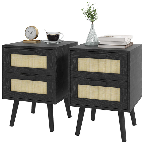 Set of 2 bohemian bedside tables with 2 drawers, black