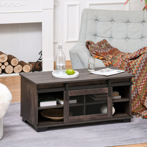 Country style coffee table with sliding mesh door, dark brown