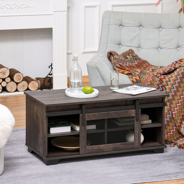 Country style coffee table with sliding mesh door, dark brown