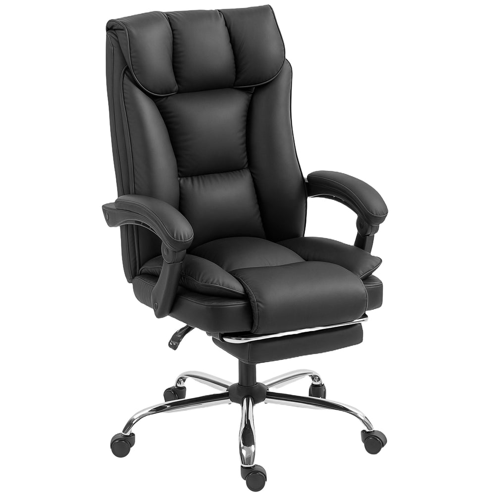 Ergonomic leather office chair with footrest, reclining and swiveling, black