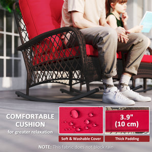 Set of 2 Outdoor Wicker Rattan Rocking Chairs with Thick Cushions, Red
