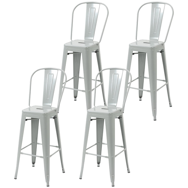 Set of 4 industrial-style metal bar stools, silver grey