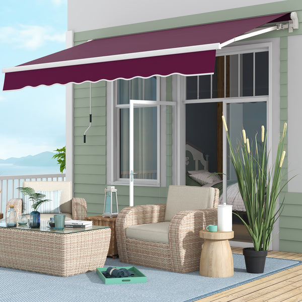 10' x 8' Manual Retractable Awning with LED Lighting, Aluminum Frame, Patio Door Sun Shade, Wine Red