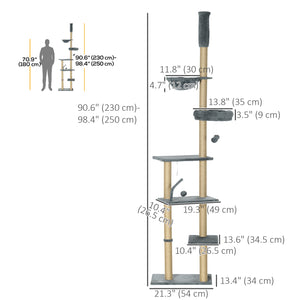 Cat tree, ceiling height 230 to 250 cm, with scratching post, hanging balls, platforms, bed and hammock, gray