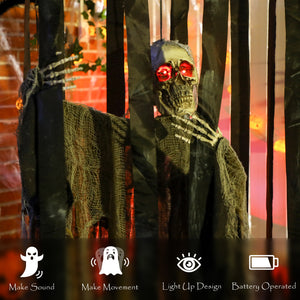Skeleton reaper suspended in a cage, voice-activated accessory with flashing eyes