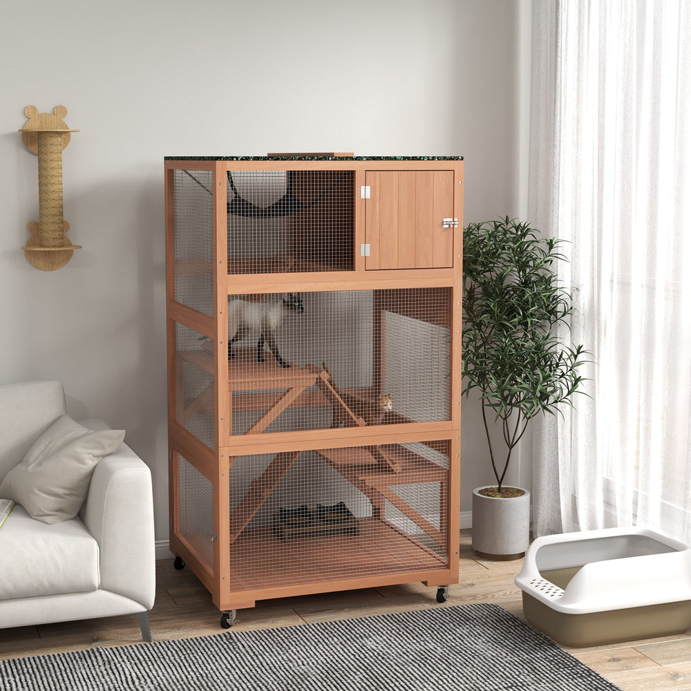 Cat enclosure on wheels with hammock and several resting platforms, beige