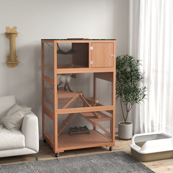 Cat enclosure on wheels with hammock and several resting platforms, beige