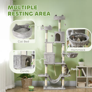 Large 205cm Cat Tree with Scratching Posts, Cabins, Beds, Hammocks, Light Grey