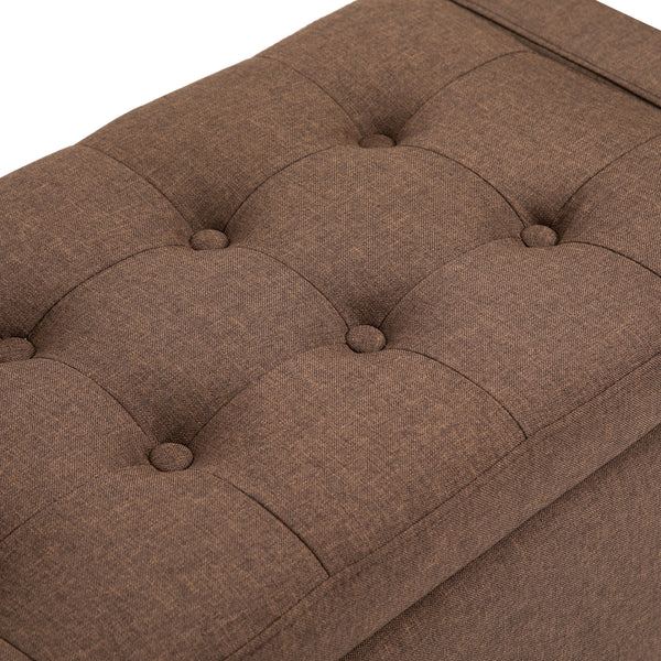 Linen upholstered storage bench with tufted pattern, brown
