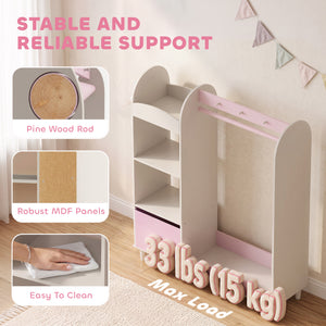 Children's wardrobe with illuminated mirror, hanging rail and storage, white/pink