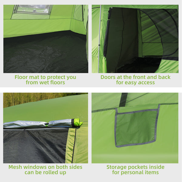 Tunnel Tent with Porch, Two Rooms, Lamp Hook, Portable Carry Bag, Green