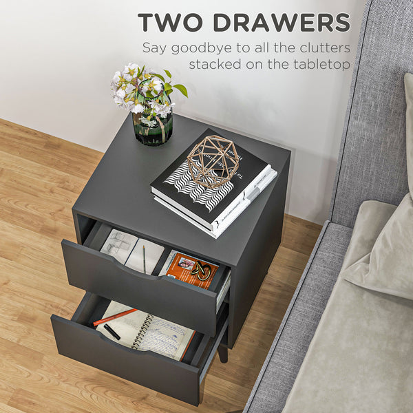 Modern bedside table with 2 drawers and pine legs, black