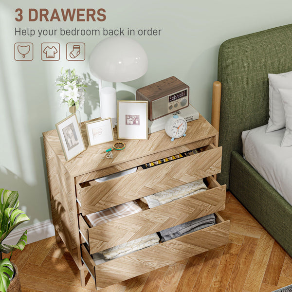 Bedroom chest of drawers with anti-tip system with 3 drawers for living room, hallway, natural wood