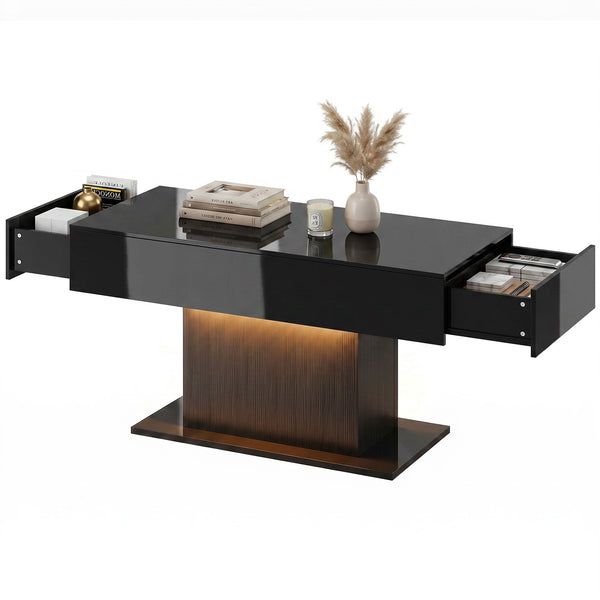 Modern coffee table with RGB LED lighting, 2 hidden drawers and high-gloss finish – Black