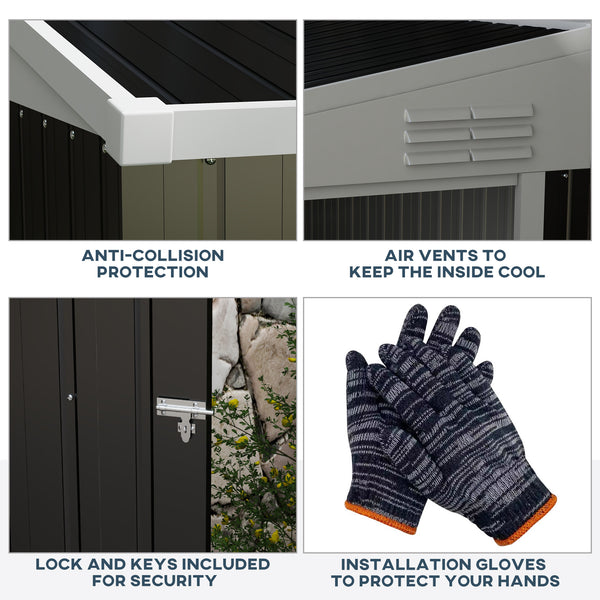 Lean-to metal garden shed with lockable door and ventilation, dark grey