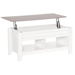 Lift-top coffee table with hidden storage compartment and open shelves, white