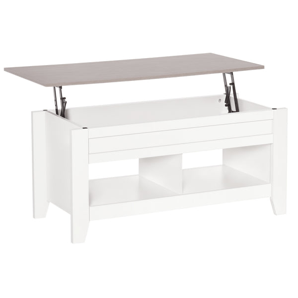 Lift-top coffee table with hidden storage compartment and open shelves, white