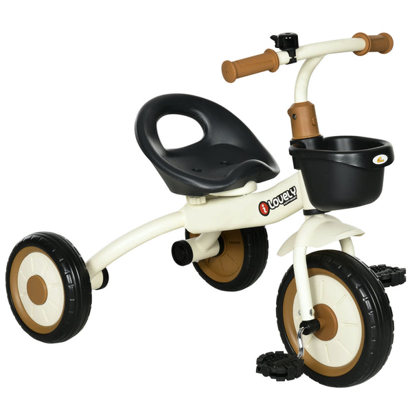Tricycle with adjustable seat, basket, bell, white