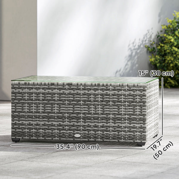 Wicker Outdoor Coffee Table, PE Wicker Rectangular Patio Table with Tempered Glass Top for Garden, Balcony, Light Grey