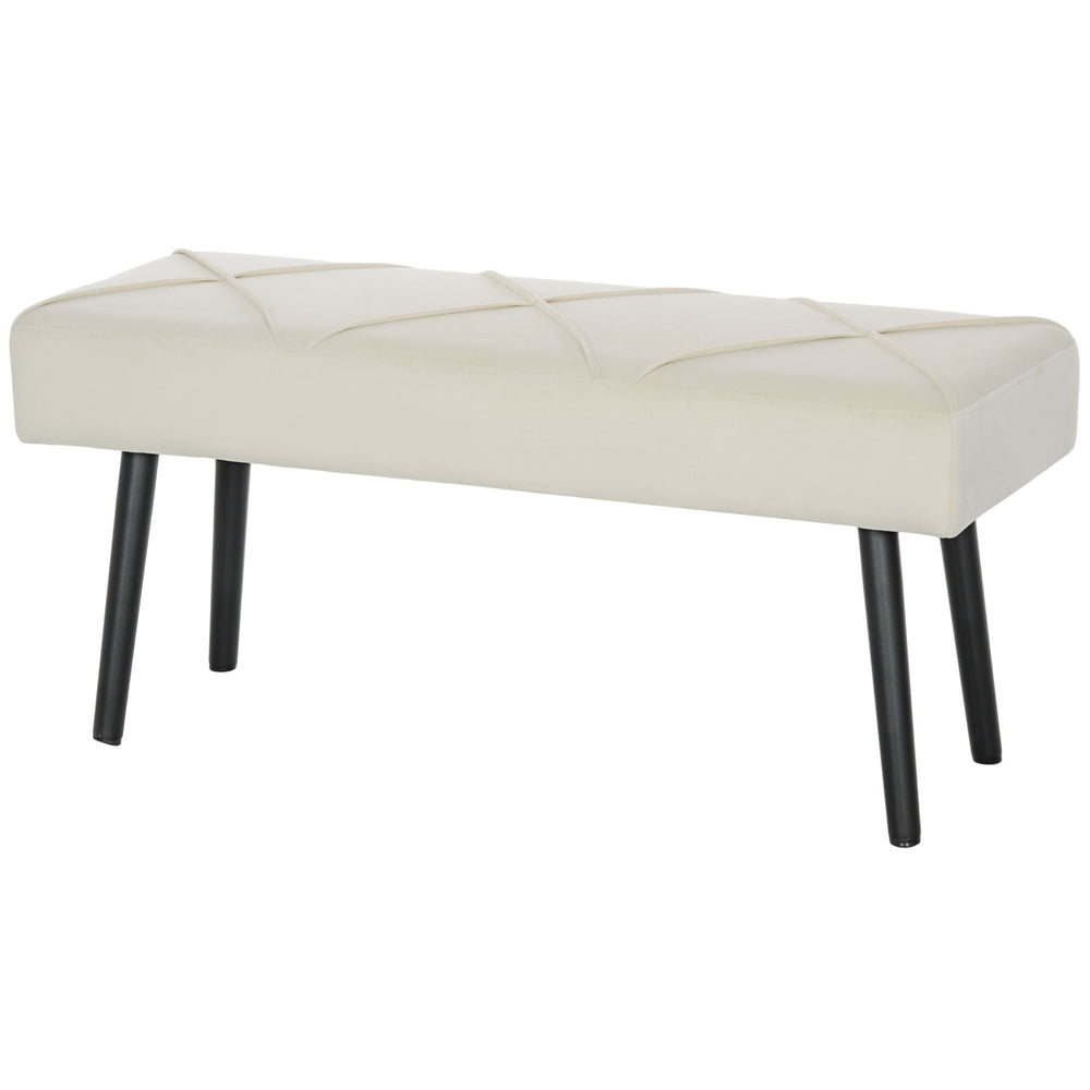 Modern upholstered bedroom bench with steel legs, cream white