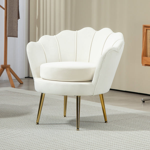 Lotus velvet fabric accent chair with gold metal legs, cream white